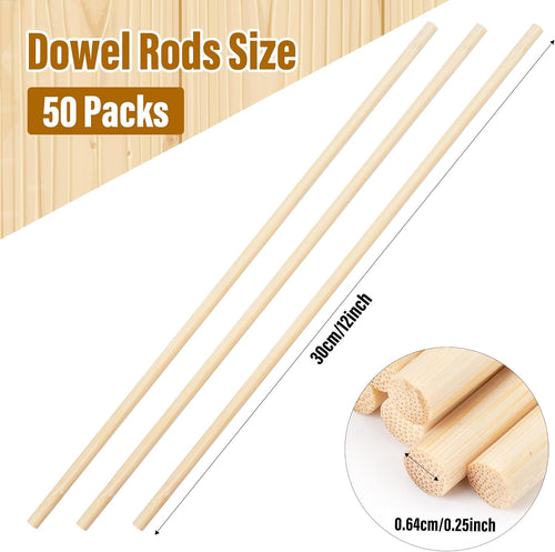 50-Piece Wooden Dowel Rod Set – 1/4 × 12 Inches